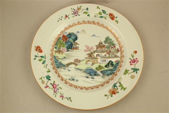 A set of four Chinese famille rose landscape plates, Qianlong period, 23.5cm